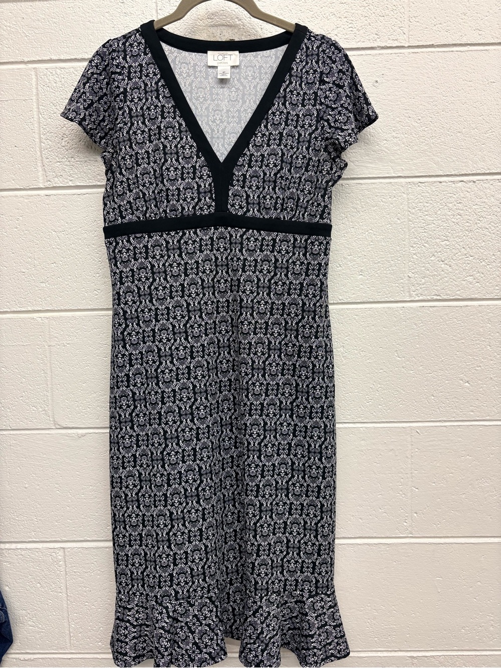 LOFT Black & White Printed Midi Dress with V-Neck Trim
